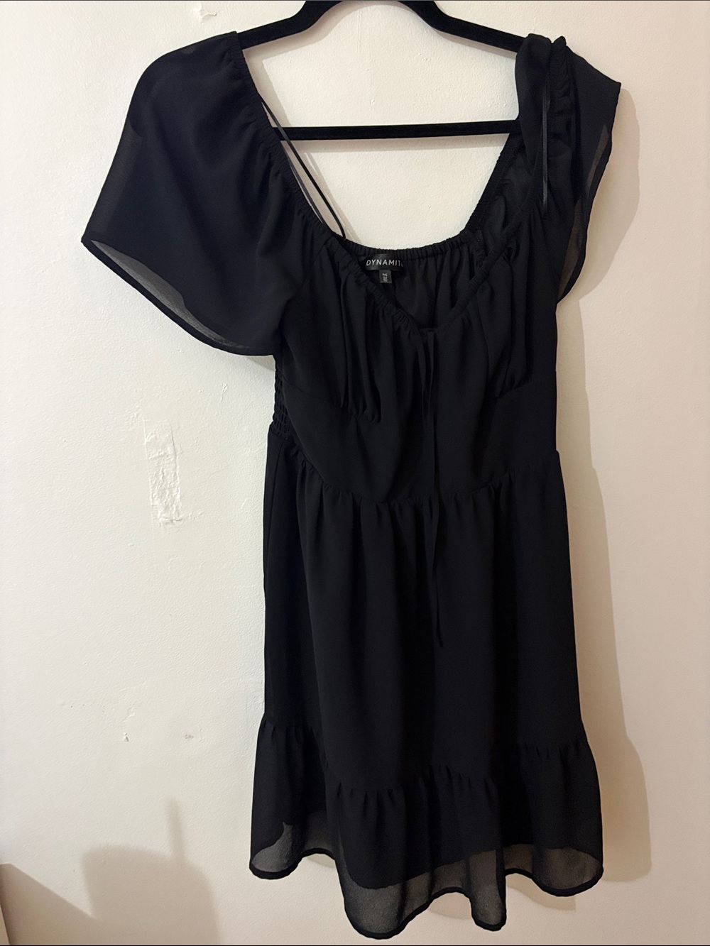 Dynamite Black Short Scoop Neck Dress with Flutter Sleeves